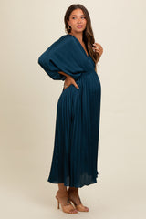 Teal Satin Pleated V-Neck Maternity Maxi Dress