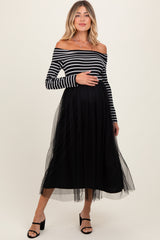 Black Striped Off Shoulder Contrast Knit Mesh Maternity Maxi Dress