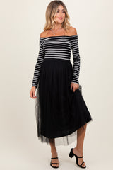 Black Striped Off Shoulder Contrast Knit Mesh Maternity Maxi Dress