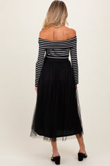 Black Striped Off Shoulder Contrast Knit Mesh Maternity Maxi Dress