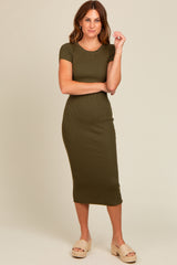 Olive Short Sleeve Rib Knit Midi Dress