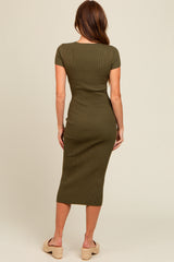 Olive Short Sleeve Rib Knit Midi Dress