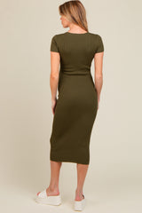 Olive Short Sleeve Rib Knit Maternity Midi Dress