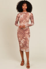 Rust Floral Mesh Overlay Fitted Maternity Midi Dress