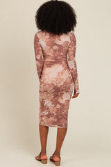 Rust Floral Mesh Overlay Fitted Midi Dress