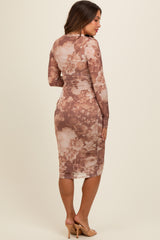 Rust Floral Mesh Overlay Fitted Maternity Midi Dress