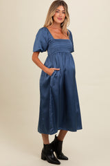 Blue Satin Pleated Bodice Puff Sleeve Maternity Midi Dress