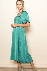 Emerald Green Satin Pleated Bodice Puff Sleeve Midi Dress