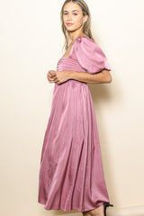 Mauve Satin Pleated Bodice Puff Sleeve Midi Dress