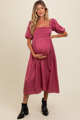 Mauve Satin Pleated Bodice Puff Sleeve Maternity Midi Dress