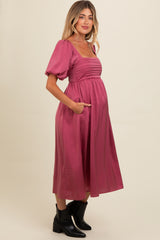 Mauve Satin Pleated Bodice Puff Sleeve Maternity Midi Dress