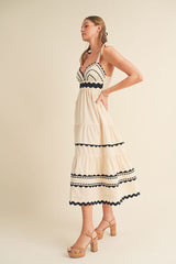 Almond Cream Tiered Trim Midi Dress