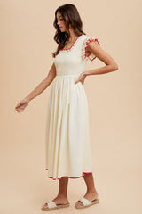 Cream Red Contrast Binding Detail Smocking Midi Dress