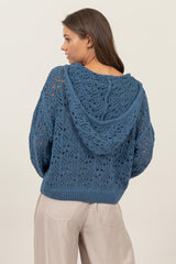 Teal Open-Stitch Hoodie Crochet Sweater