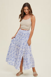 Blue Tropical Tiered Midi Skirt With Slit