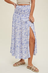 Blue Tropical Tiered Midi Skirt With Slit