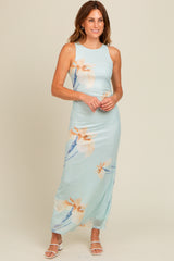 Light Blue Floral Mesh Overlay Maternity Midi Dress