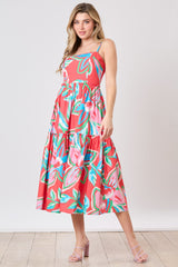 Red Multi Floral Print Tiered Midi Dress