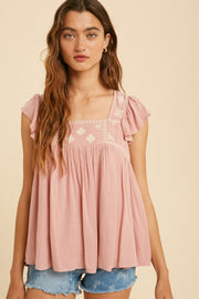 Dusty Rose Embroidered Square Neck Babydoll Top