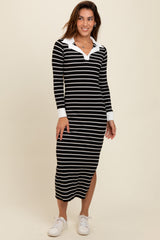 Black Striped Collared Long Sleeve Midi Dress