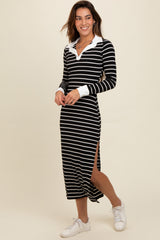 Black Striped Collared Long Sleeve Midi Dress