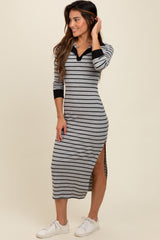 Heather Grey Striped Collared Long Sleeve Midi Dress