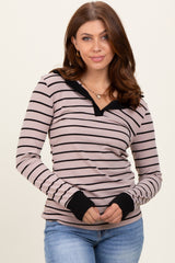 Beige Striped Ribbed Collared Long Sleeve Top