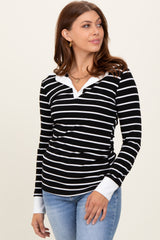 Black Striped Ribbed Collared Long Sleeve Top