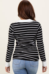 Black Striped Ribbed Collared Long Sleeve Top