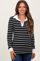 Black Striped Ribbed Collared Long Sleeve Maternity Top