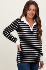 Black Striped Ribbed Collared Long Sleeve Maternity Top