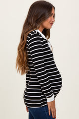 Black Striped Ribbed Collared Long Sleeve Maternity Top