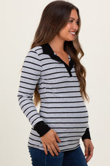 Heather Grey Striped Ribbed Collared Long Sleeve Maternity Top