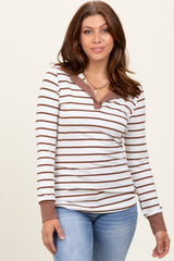 White Striped Ribbed Collared Long Sleeve Top