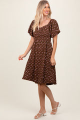 Brown Floral Smocked Sweetheart Dress