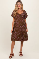 Brown Floral Smocked Sweetheart Maternity Dress