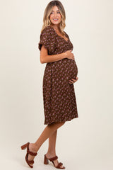 Brown Floral Smocked Sweetheart Maternity Dress