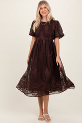 Brown Floral Embroidered Mesh Overlay Smocked Maternity Midi Dress