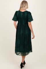 Forest Green Floral Lace Smocked Midi Dress