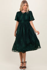 Forest Green Floral Lace Smocked Midi Dress