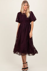 Plum Floral Lace Smocked Maternity Midi Dress