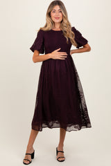 Plum Floral Lace Smocked Maternity Midi Dress