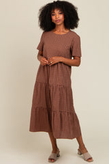 Mocha Gingham Tiered Maternity Midi Dress