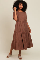 Mocha Gingham Tiered Midi Dress