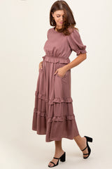 Mauve Satin Ruffle Trim Midi Dress