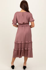 Mauve Satin Ruffle Trim Midi Dress