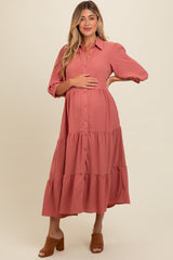 Salmon Tiered Button Down Maternity Midi Dress