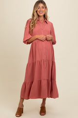 Salmon Tiered Button Down Maternity Midi Dress