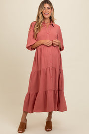 Salmon Tiered Button Down Maternity Midi Dress