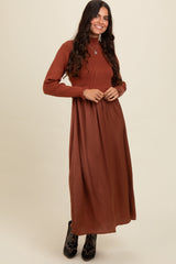 Brown Knit Contrast Top Satin Midi Dress